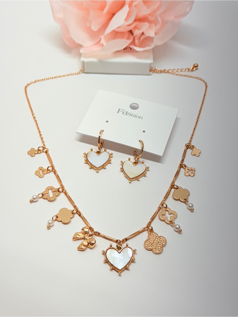 Gold-Tone Heart & Charm Necklace Set - White Accents #classic fashion